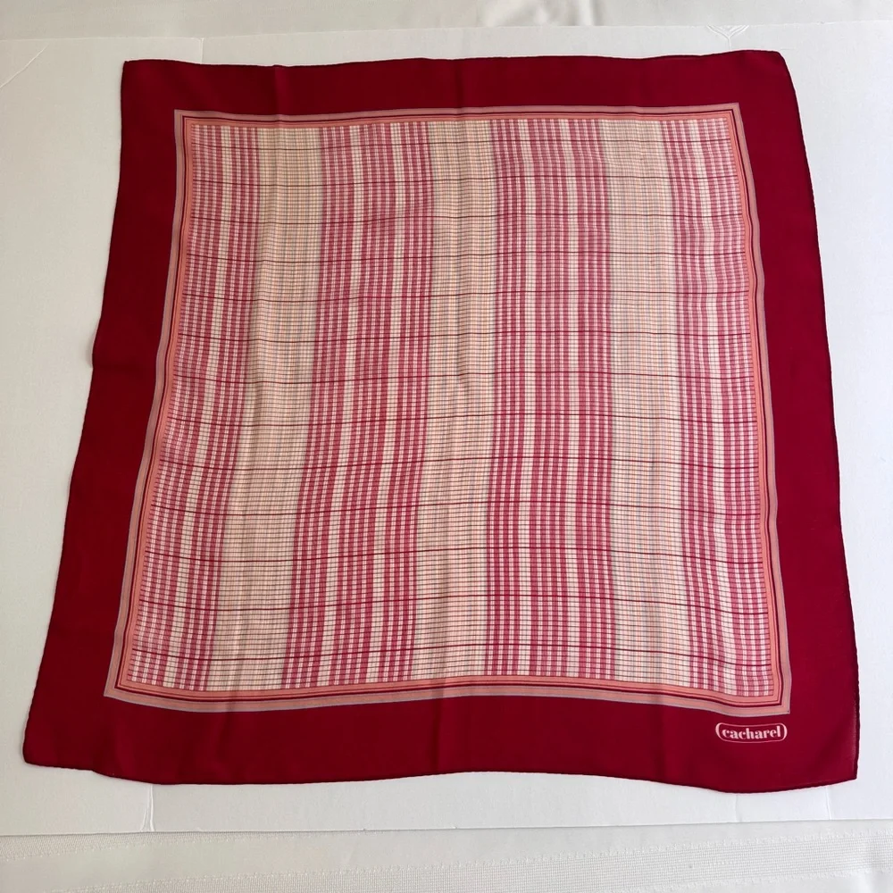 Vintage Cacharel Plaid Tartan Silk Feel Square Scarf 26x26 Red Cream French Chic